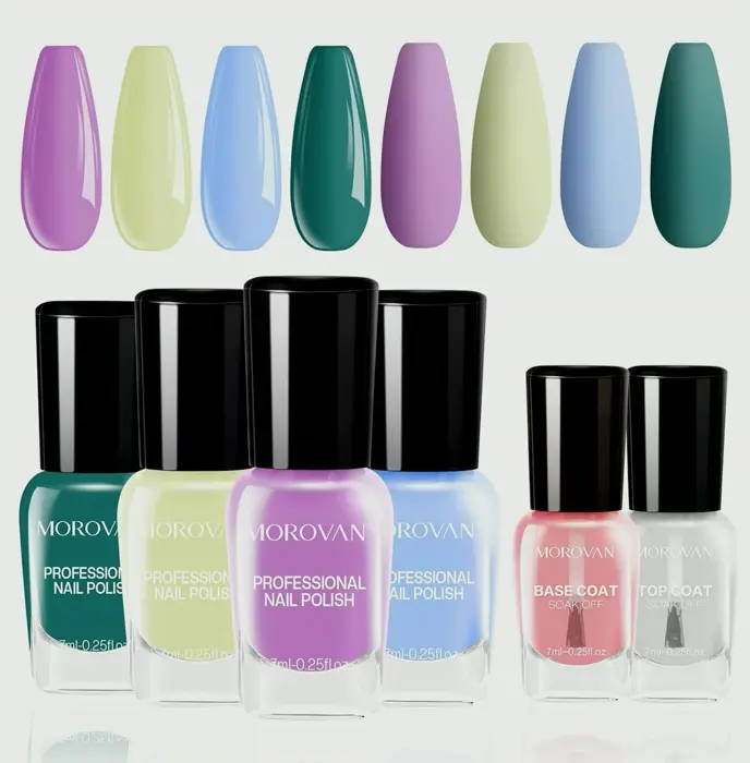 Morovan Nail Polish Set: Air Dry Macaroon Colors w. Base & Top Coat