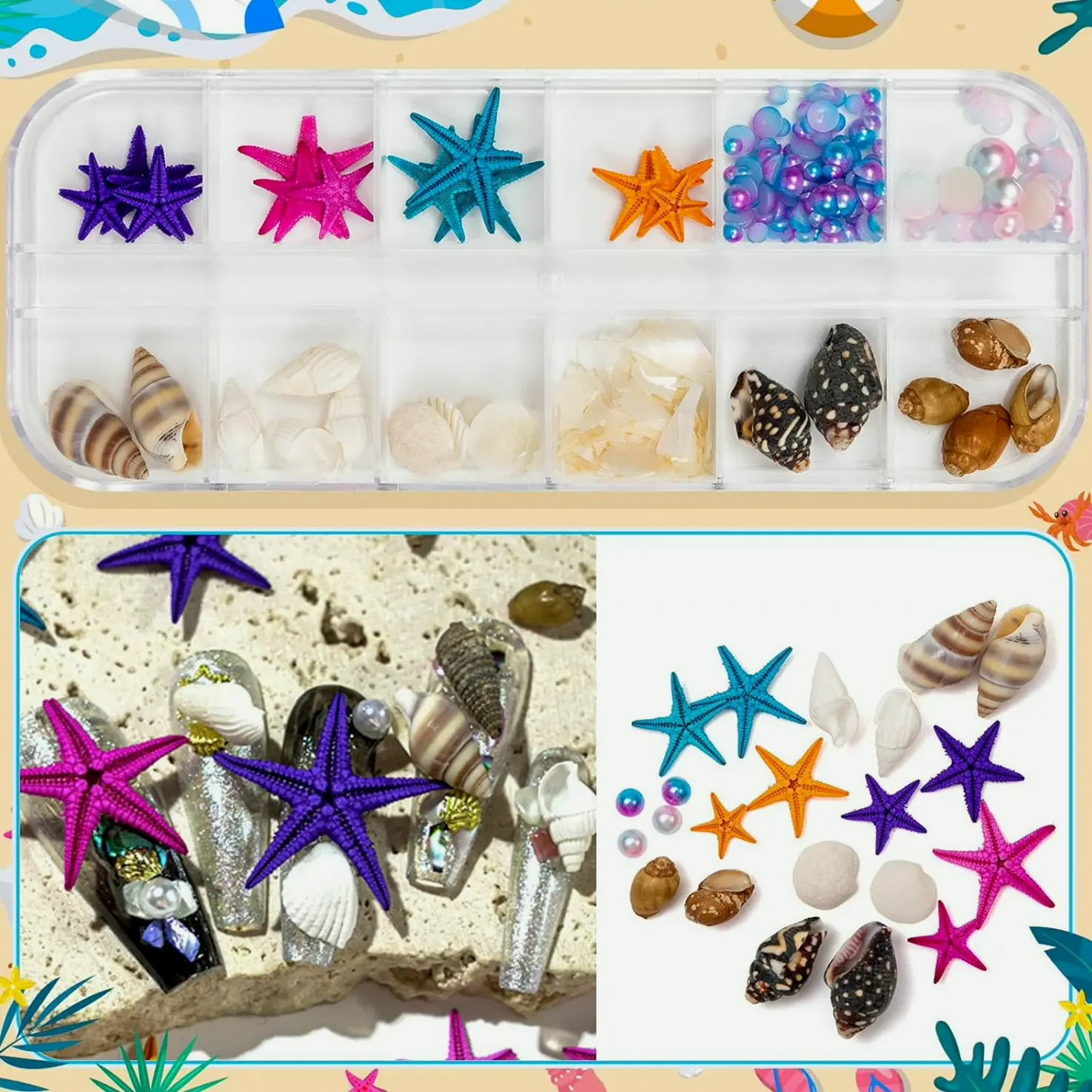 Sea Nail Decorations - 24 Sets with Shells, Stars & Jewels