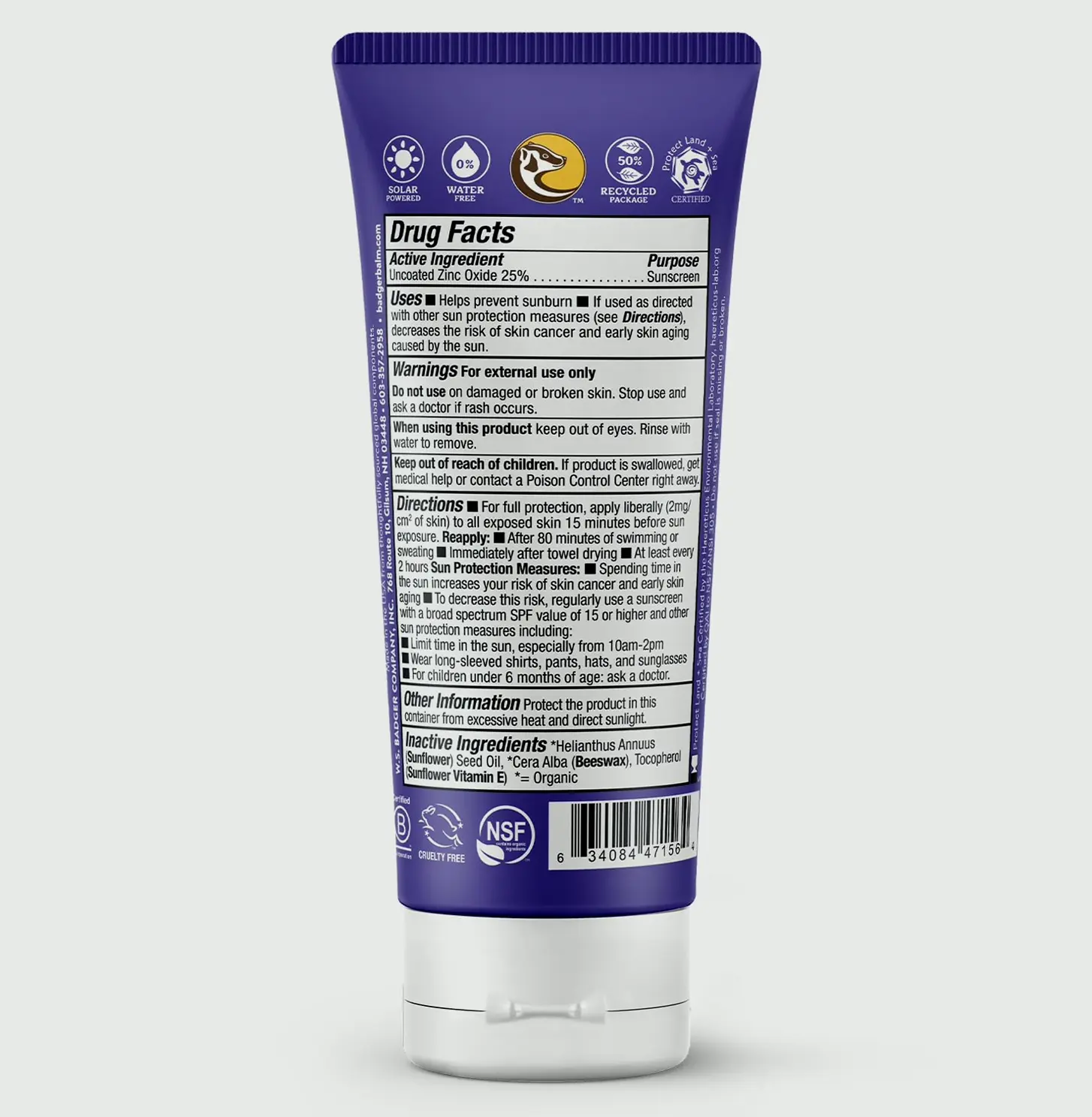 Badger Natural Sunblock SPF Fifty Zinc Organic 2.9 fl oz