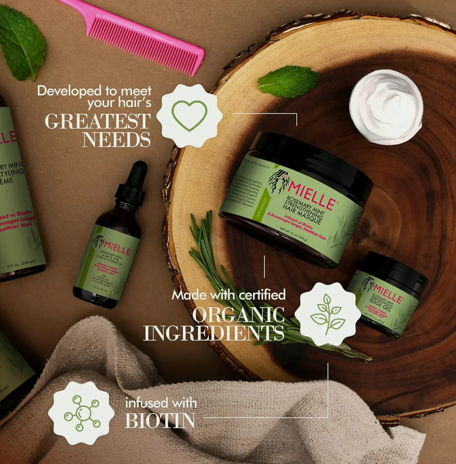 Mielle Organics Rosemary Mint Fortifying Hair Masque, Oil & Biotin Deep Treatment, Repair Dry & Damaged Hair, 12 oz