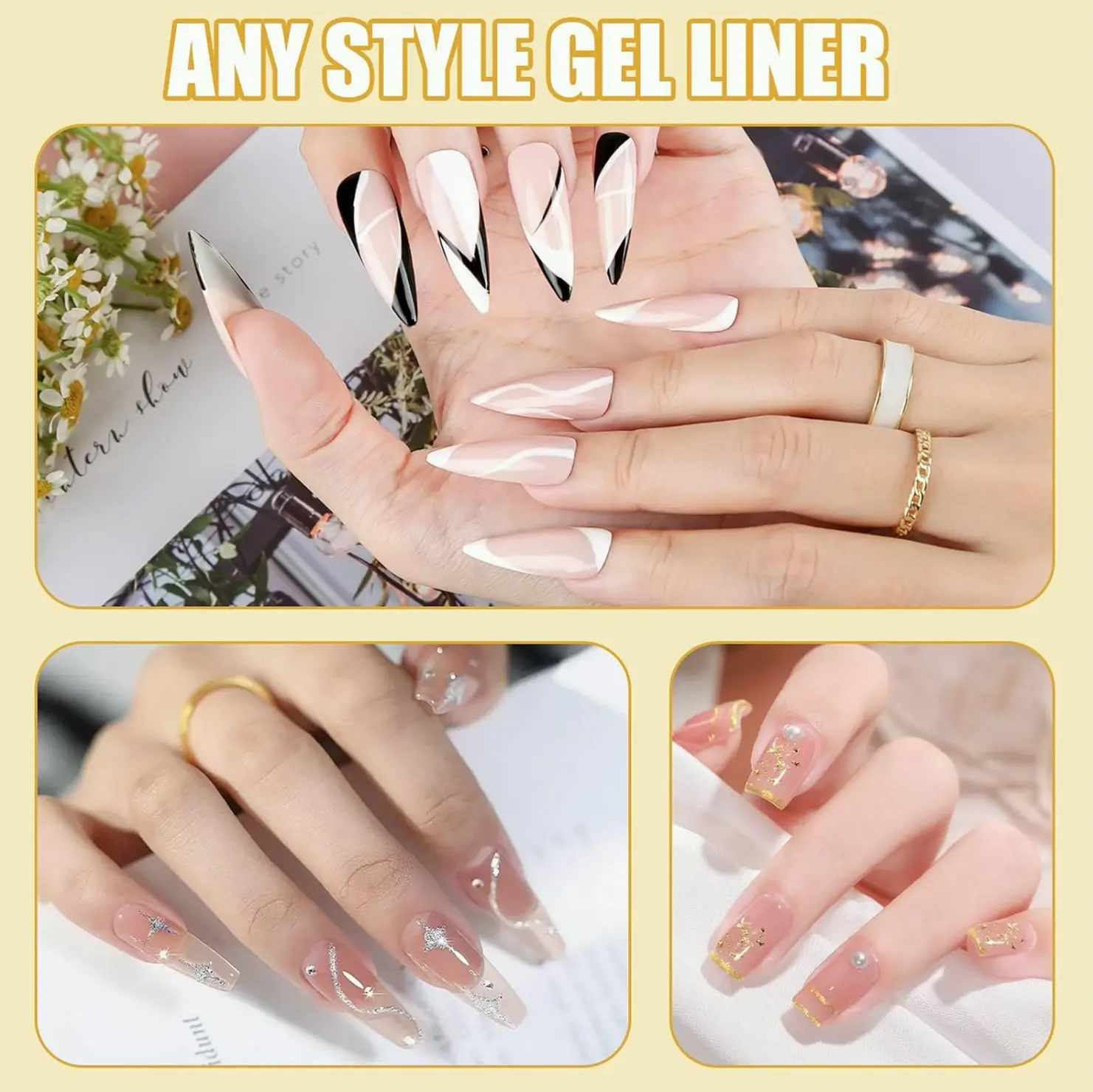 Gel Liner Polish Collection 10ml, 4 Colors: Dark, Light, Golden, Metallic